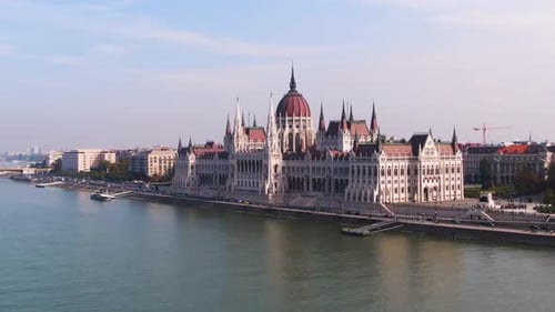 Aerial view of Hungarian Parliament Building and Danube River, Budapest.