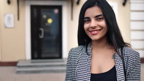 Portrait Beautiful Young Mixed Race Brunette Woman Fashion Model Smiling Posing at City Urban Street