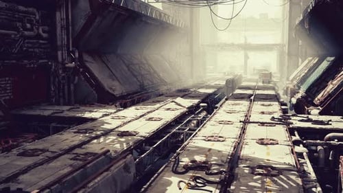 Vacant Metallic Passageway Lit By Sunbeams with Decayed Industrial Features
