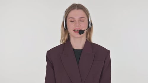 Talking Female Call Center Employee with Headset on White Background