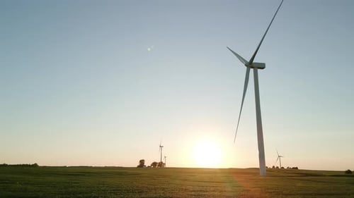 Drone View of a Wind Park with Wind Turbines Standing in a Wheat Field at Sunset