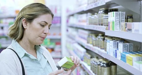 Young woman at a drug store, browsing shelves and looking for medicine, treatment or vitamins