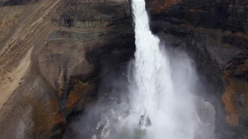 Aerial Over Majestic Haifoss Waterfall. Spectacular Scenery of Iceland