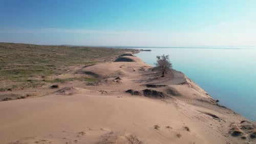 Desert Dune with Blue Sea at Sunrise