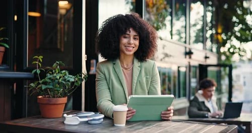 Face, remote work and woman on tablet at cafe for research, writing story and creative career