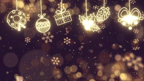 Glowing Golden Christmas Icons with Falling Snowflakes Background Loop