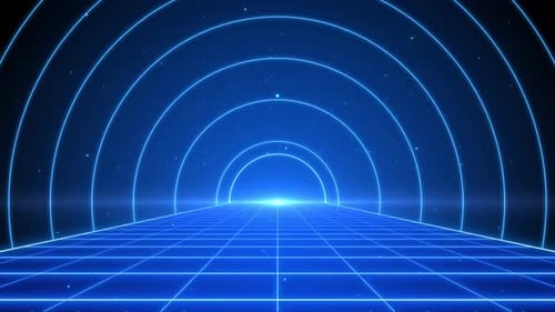 Futuristic Neon Grid Tunnel Journey Digital Background