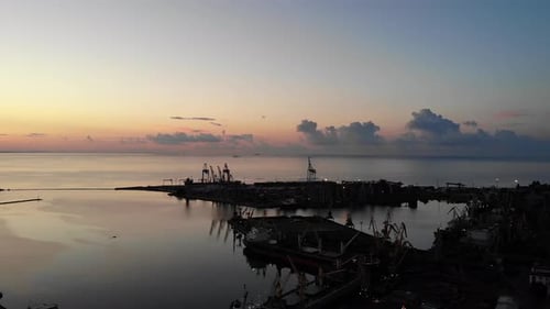 Sunrise in the port of Odessa aerial video
