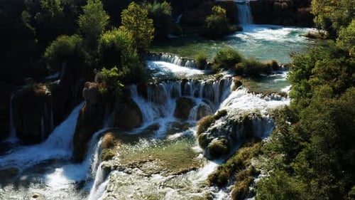 Clean And Clear Water Flowing At Skradinski Buk Waterfall In Krka National Park, Croatia. - aerial