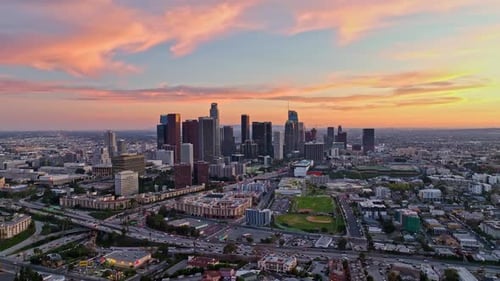 Aerial Flight Above Downtown LA Drone View of Los Angeles Skyline LA at Dusk with Traffic Los