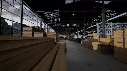 Tablas de madera apiladas en un gran almacén industrial