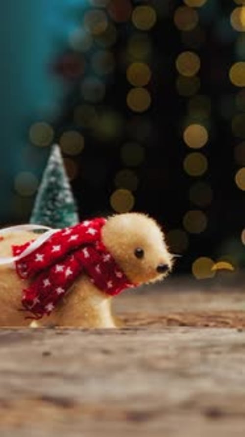 Toy Bear Walks Among Miniature Christmas Trees In The Room