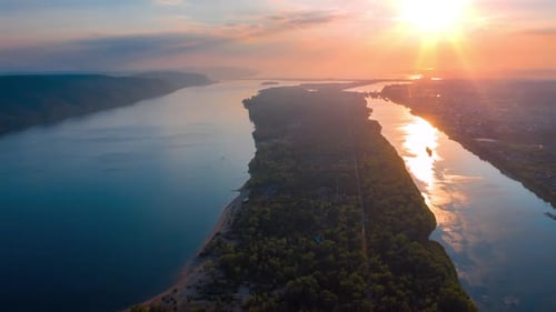 Timelapse of the Volga river. Aerial hyperlapse of the river of Volga at sunset. Area of Zhiguli Mou