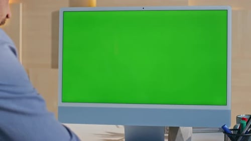 Businessman Looking Greenscreen Computer Working at Office Desk Close Up