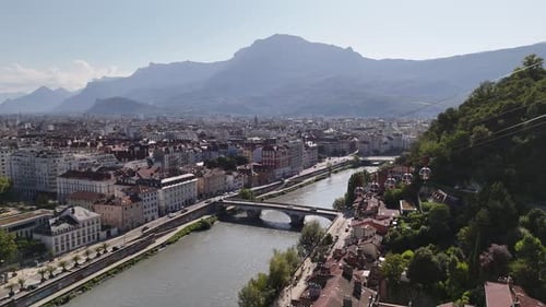 Aerial shot of Isere River in Grenoble, France