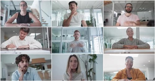 Nine Adults Connect Virtually in an Online Meeting