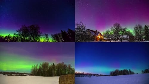 Time lapse shot of Aurora Borealis Green Purple Milky Way Galaxy Loop on split screen