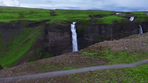 Aerial View of Haifoss and Granni Waterfalls in Thjorsardalur Iceland