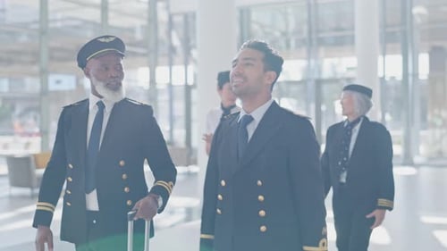 Travel, pilot and flight with people in airport for journey, transportation and teamwork