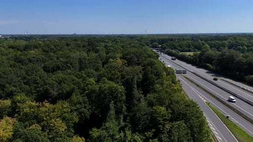 American highway near dense forest trees in summer. Driving cars on trucks on interstate