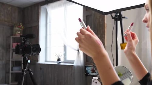 Vlogger Female Applies Lipstick on Lips Beauty Blogger Woman Filming Daily Makeup Routine Tutorial