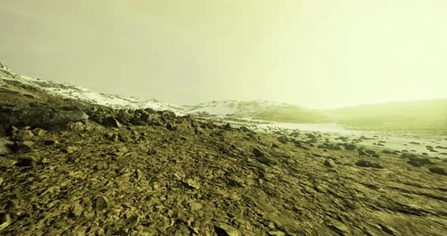 Expansive Barren Landscape with Rocky Terrain and Distant Snowy Mountains