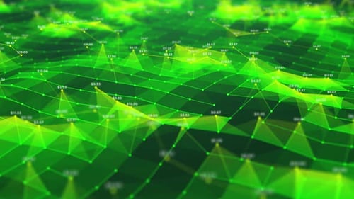 Paysage polygonal vert avec des points de données superposés, symbolisant la cartographie numérique du terrain et les finances