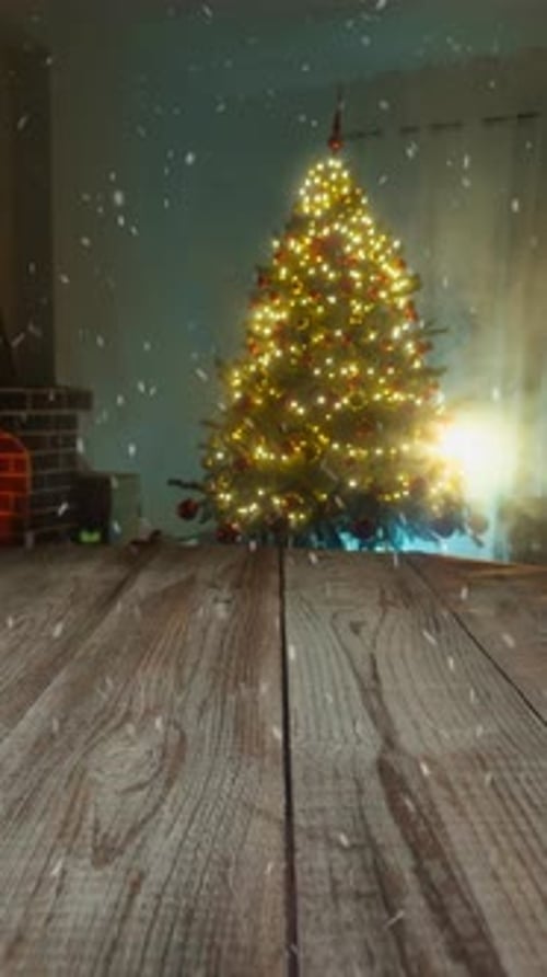 Wooden Table Background with Falling Snow and Christmas Tree