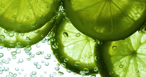 Lime Slices Bubbling in Water Close Up