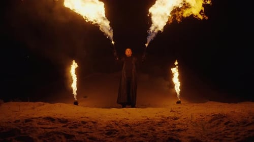 Portrait Of Superhero With Flaming Torches In Darkness Cinematic Slow Motion Shot Fire Show