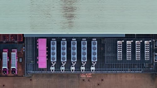 Aerial view of rooftop with cooling units, United Kingdom.