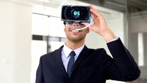 Business, Technology And Augmented Reality Concept - Businessman With Vr Headset And Counting Num...