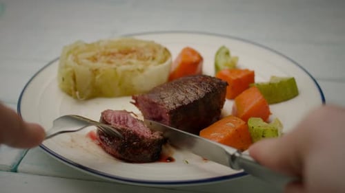 Eating Beef Steak with Fork and Knife POV Slow Motion Close Up