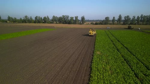 Combine harvesting sugar beet aerial view