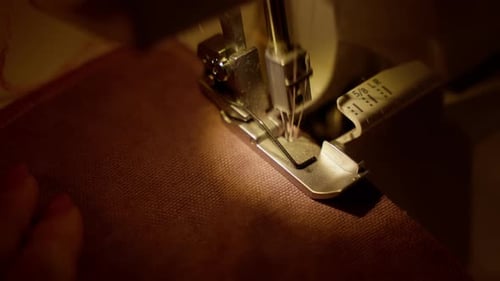 Sewing Machine Stitching Brown Fabric Close Up