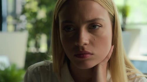 Close Up Upset Stressed Female Face Caucasian Woman Student Businesswoman Thinking Difficult