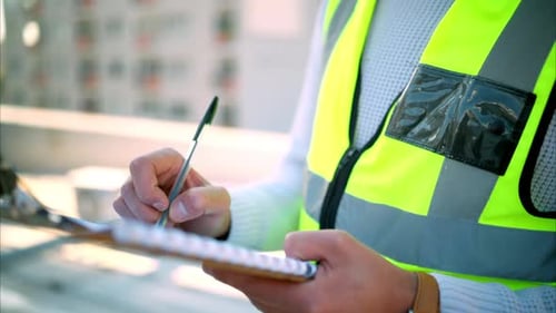 Checklist, writing and clipboard with safety man on construction site checking or signing documents
