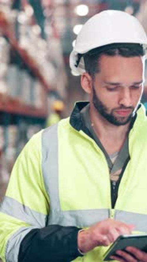 Checklist, tablet and walking with man in warehouse for logistics, shipping or supply chain company