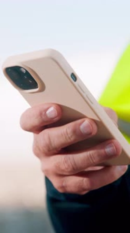 Construction, text or hands outdoor with phone, task instruction or inspection report in online