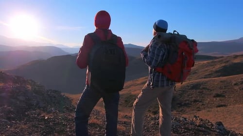 Hiking Traveler Tourist Hiker Silhouetted Man Woman Couple Camping Traveling Mountain Sunset Nature