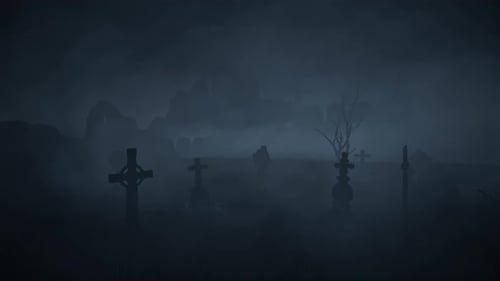 Old abandoned cemetery with tombstones sticking out in all directions, near ancient ruins. Halloween