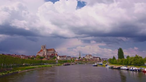 View of City Landscape of Auxerre on River Yonne Burgundy France Timelapse