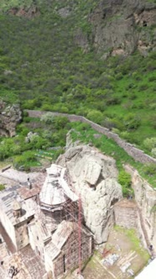 Aerial video above Geghard Monastery in Armenia