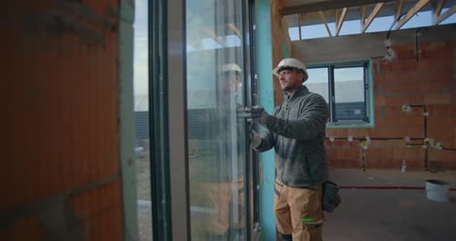 Worker inspecting window installation during residential construction project, wearing hard hat