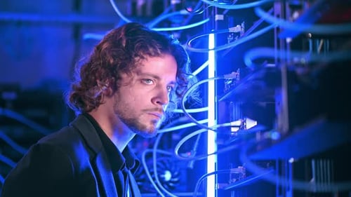 Man analysing servers in a data center