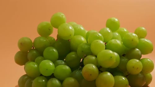 Rotating green grapes. Ripe grapes on an orange background. Close-up.