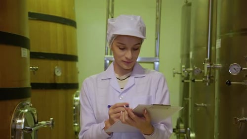 Femme vigneronne vérifiant et examinant la production de vin dans une cave en usine.