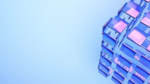 Blauer minimalistischer, durchscheinender Würfel aus Glasblöcken rotiert auf hellblauem Hintergrund. 3D-Render-Animation