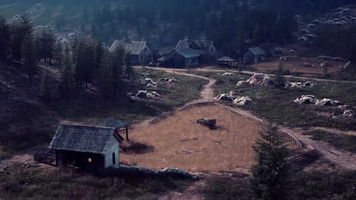 Rustic Mountain Valley Village with Subtle Camera Pan