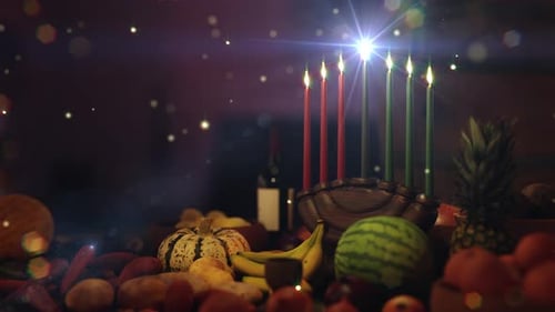 Kwanzaa Kinara Candles with Harvest Fruits and Bokeh Lights